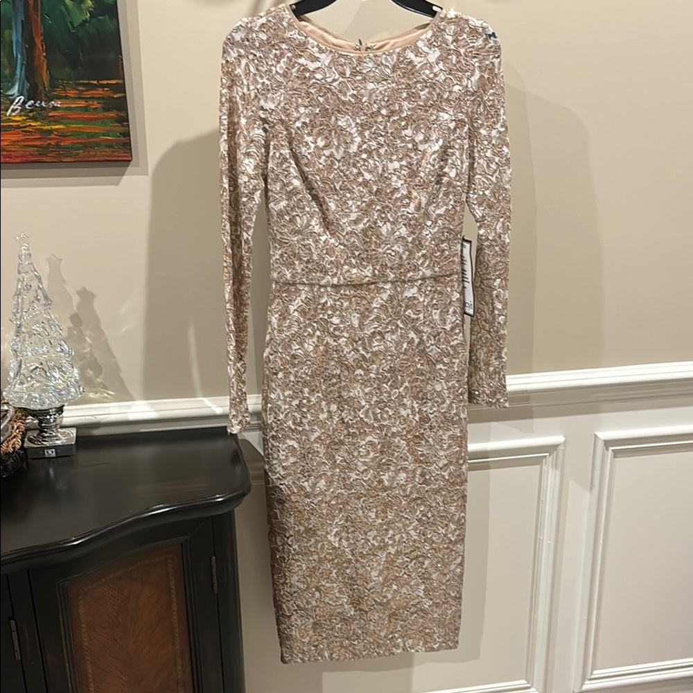 Cream and White Embellished Long Sleeve Sheath Dress